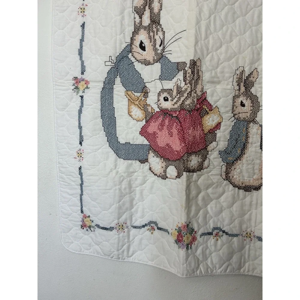 Vtg Peter Rabbit Cross Stitch Quilt Beatrix Potter Crib Blanket Wall Hanging